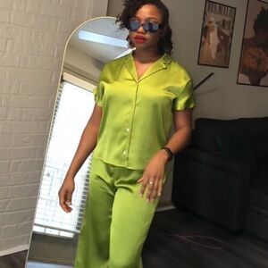 Womens matching set Two piece women’s set elastic waist long pants GREEN & BLACK